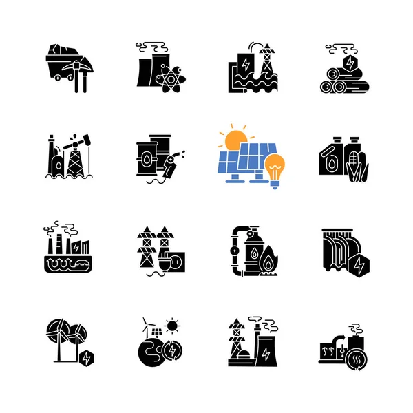 Schwarze Glyphen Symbole Der Energiebranche Auf Weißem Raum Elektrizitätstechnologien Und — Stockvektor