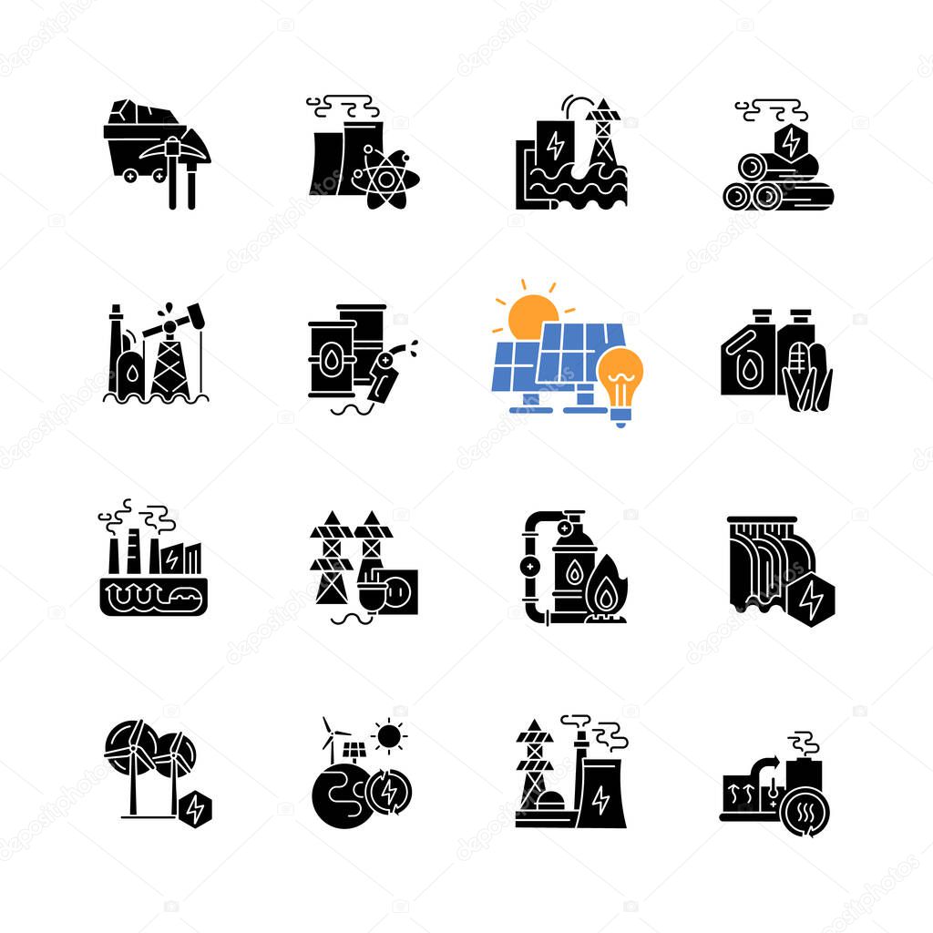 Energy industry black glyph icons set on white space. Electricity manufacturing technologies and modern facilities silhouette symbols. Different power generation plants. Vector isolated illustrations