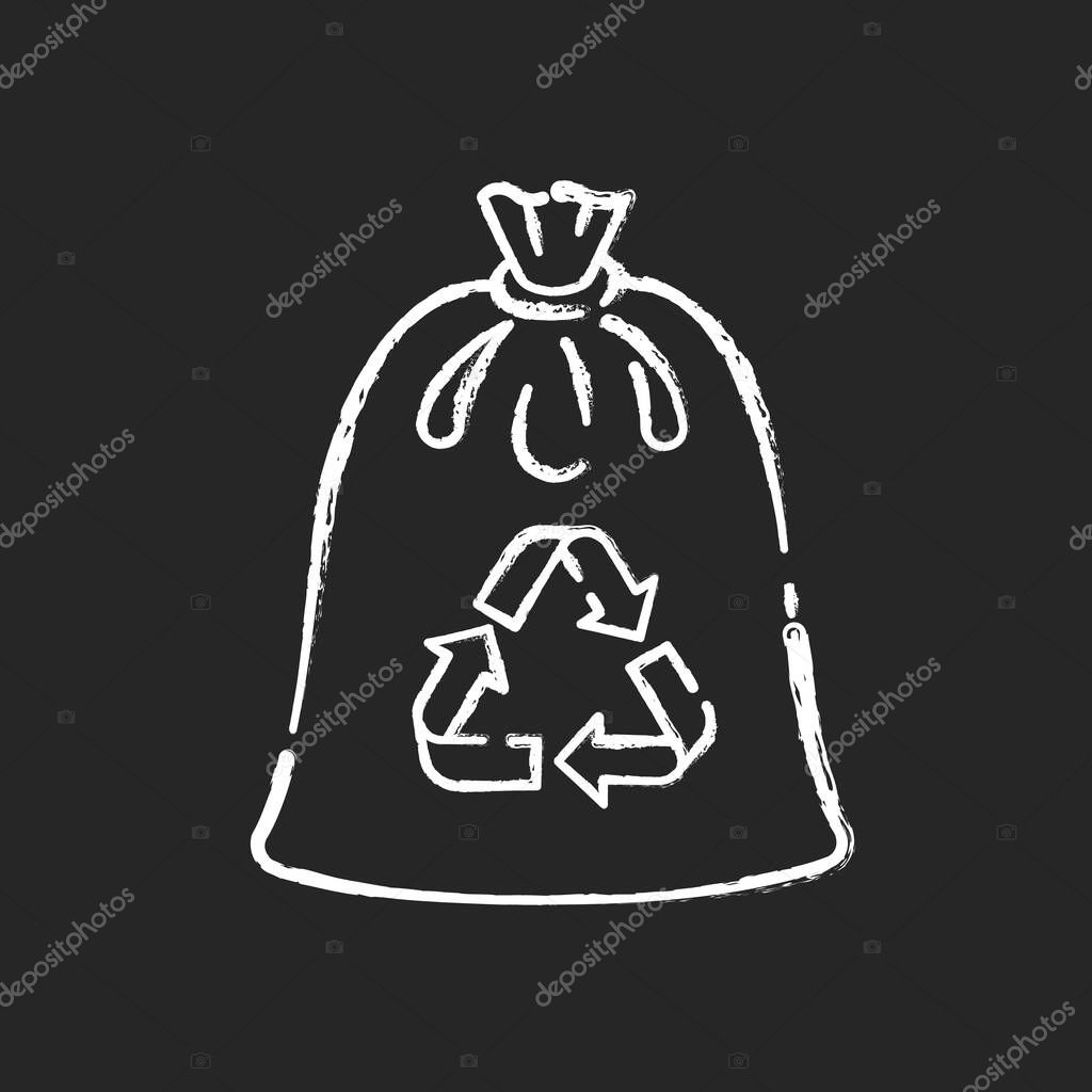 Compostable trash bag chalk white icon on black background. Waste recycling. Refusing from plastic litter bags. Eco friendly, biodegradable materials use isolated vector chalkboard illustration