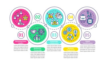 Kurumsal performans vektör bilgi şablonu. Kaynak verimliliği tasarım elementleri. Veri görselleştirmesi 5 adımda. Zaman çizelgesi. Doğrusal simgelerle çalışma akışı düzeni