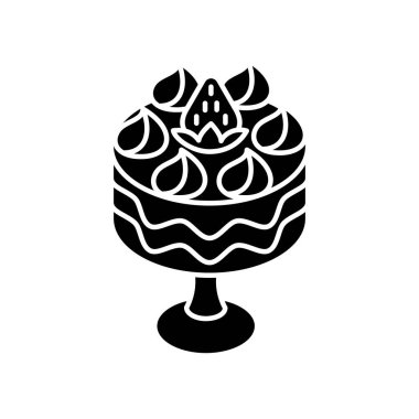 Önemsiz siyah kabartma simgesi. Krem şantili meyveli tatlı. Klasik İngiliz mutfağı. Geleneksel İngiliz tatlısı. Avrupa tatlıları. Beyaz uzayda siluet sembolü. Vektör izole illüstrasyonu