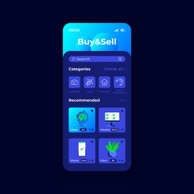 Reklamlar ve yeniden satılan akıllı telefon arayüz vektör şablonu. Mobil uygulama sayfası gece modu tasarımı düzeni. Önerilen ürünler işlev ekranı. Başvuru için düz UI. Mal telefon görüntüsü yeniden yükleniyor
