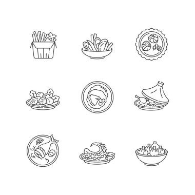 Restoran yemekleri pikseli mükemmel doğrusal simgeler ayarlandı. Balık ve patates kızartması. Moules kızartması. Falafel tabağı. Özelleştirilebilir ince çizgi şekilleri. İzole vektör çizimi çizimleri. Düzenlenebilir vuruş