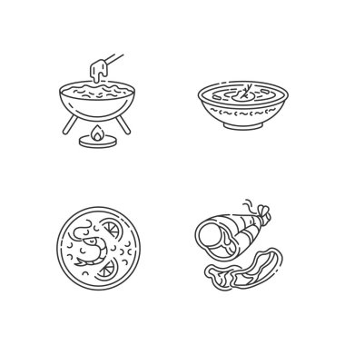 Geleneksel gıda pikseli mükemmel doğrusal simgeler seti. Peynirli fondu. Ukrayna borşundan. Kızarmış et. Özelleştirilebilir ince çizgi şekilleri. İzole vektör çizimi çizimleri. Düzenlenebilir vuruş