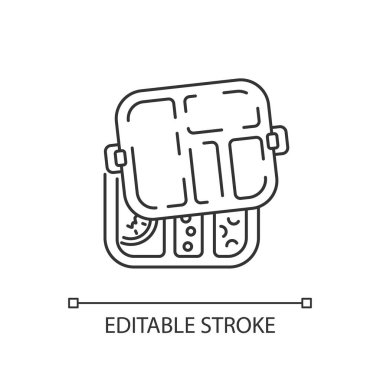 Yeniden kullanılabilir beslenme çantası doğrusal simgesi. Uygun bir yemek konteynırı. Sıfır atık, yemek molası ince çizgi özelleştirilebilir illüstrasyon. Contour sembolü. Vektör izole çizim. Düzenlenebilir vuruş