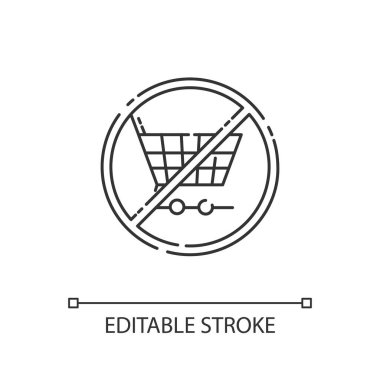 Tüketim karşıtı doğrusal simge. Sorumlu tüketim ince çizgisi kişiselleştirilebilir illüstrasyon. Contour sembolü. Dur işareti olan alışveriş arabası ana hatlarını izole etti. Düzenlenebilir vuruş