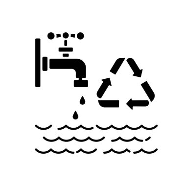 Su azaltılıyor, siyah kabartma simgesi kullanılıyor. Sıfır atık yaşam tarzı tavsiyesi, kaynak ekonomisi. Beyaz alan üzerindeki sorumlu tüketim silueti sembolü. Suyun yeniden kullanılması ve geri dönüşümü. Vektör izole illüstrasyonu