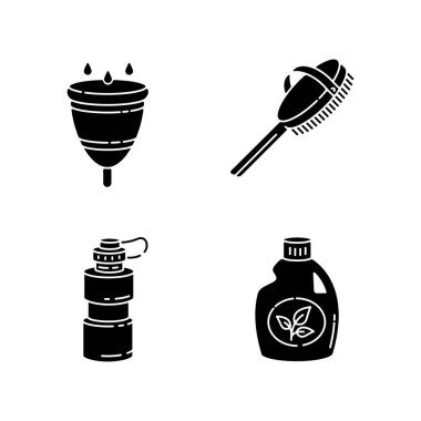 Personal eco products black glyph icons set on white space. Menstrual cup, natural bath brush, reusable water bottle and organic cleaning product silhouette symbols. Vector isolated illustrations vector Personal eco products black glyph icons set on white space. Menstrual cup, natural bath brush, reusable water bottle and organic cleaning product silhouette symbols. Vector isolated illustrations vector