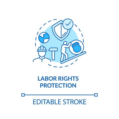 İşçi hakları koruma turkuvaz konsept simgesi. Çalışanların sağlık güvenliği. İşçi hareketini destekleyin. Sendika fikri ince çizgi çizimi. Vektör izole edilmiş RGB renk çizimi. Düzenlenebilir vuruş