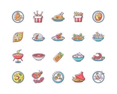 En iyi ulusal yemek RGB renk simgeleri seti. Turist eğlencesi için geleneksel yemek. Yemek tarifi. Restoran yemeği için. Patates kızartması Çin deniz ürünleri. İzole vektör çizimleri