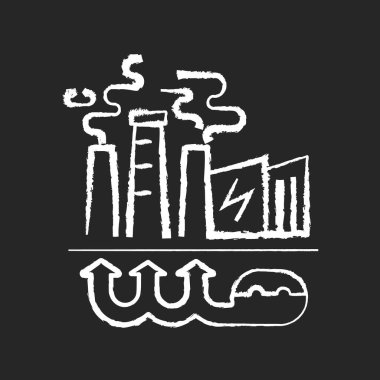 Siyah arkaplanda jeotermal enerji tebeşiri beyaz simgesi. Endüstriyel enerji santrali, termik santral. Yenilenebilir doğal kaynaklar ve sürdürülebilir enerji kullanarak. İzole edilmiş vektör karatahta çizimi