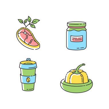Sıfır atık yiyecek RGB renk simgeleri ayarlandı. Vejetaryen eti, cam kavanoz, yeniden kullanılabilir kahve fincanı ve yiyecek tasarrufu. Sürdürülebilir yaşam tarzı aksesuarları. İzole vektör çizimleri