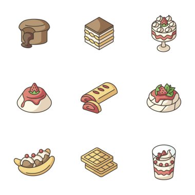 Geleneksel tatlılar RGB renk simgeleri seti. Avusturya elmalı turtası. Çikolatalı lav keki. Brüksel, Belçika waffle 'ı. Tiramisu klasiği. Orijinal Avrupa tatlı yemekleri. İzole vektör çizimleri