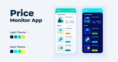 Price monitörü uygulaması çizgi film akıllı telefon arayüz vektör şablonları ayarlandı. Mobil uygulama ekran sayfası gündüz ve gece modu tasarımı. Başvuru için fiyat karşılaştırması. Düz resimli telefon görüntüsü