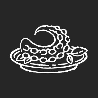 Siyah arkaplanda Polvo beyaz tebeşir ikonu. Portekiz ahtapot yemeği. Geleneksel deniz ürünleri yemeği. Japon besleyici balıkları. Doğu mutfağı. İzole edilmiş vektör karatahta çizimi