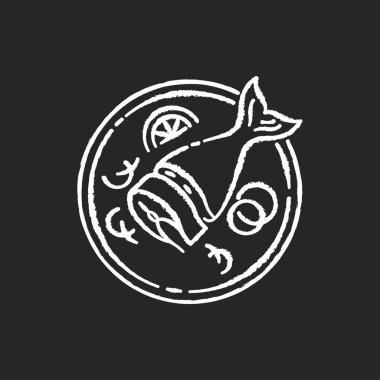 Siyah arkaplanda çürük ringa beyazı simgesi. Dilimlenmiş çiğ balık. Japon yemeği. Çanak çömlek üzerine somon balığı. Beslenmek için Asya taze yemeği. Yemek pişir. İzole edilmiş vektör karatahta çizimi