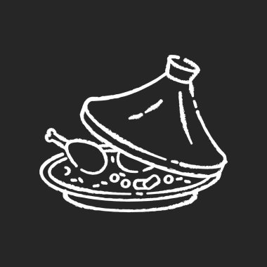 Siyah arkaplanda beyaz tebeşir simgesi. Ulusal yemek, otantik çanak çömlek. Tencerede pişmiş yemek. Afrika maraq 'ı. Pirinç garnitürlü Fas tavuğu. İzole edilmiş vektör karatahta çizimi