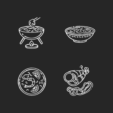 Geleneksel besin tebeşiri beyaz simgeleri siyah arka planda. Peynirli fondu. Ukrayna borşundan. Parma jambonu. Kızarmış et. Doğu mutfağı. Çanak çömlekli Paella. İzole edilmiş vektör karatahta çizimleri