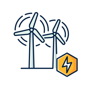 Rüzgar santrali RGB renk simgesi. Alternatif enerji endüstrisi. Yenilenebilir doğal kaynaklar ve elektrik üretimi kullanılarak. Rüzgar türbinleri izole edilmiş vektör çizimi