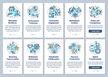 Sorumluluk sahibi üretim, konseptli mobil uygulama sayfası ekranında. Sürdürülebilir geliştirme 5 aşamalı grafik talimatlar. RGB renk resimleriyle UI vektör şablonu