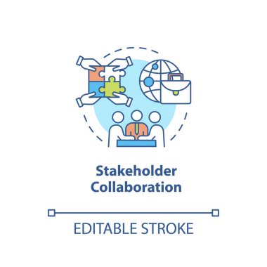 Hissedarlar işbirliği konsepti simgesi. Proje için takım çalışması. İletişim ve ortaklık. Kurumsal işbirliği fikri ince çizgi çizimi. Vektör izole edilmiş RGB renk çizimi. Düzenlenebilir vuruş