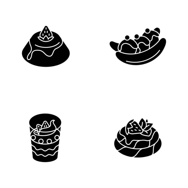 受欢迎的糖果是设置在白色空间上的黑色石榴图标 意大利Panna Cotta 澳洲香蕉片 法国冷冻甜点 欧洲菜 轮廓符号 矢量孤立的说明 — 图库矢量图片