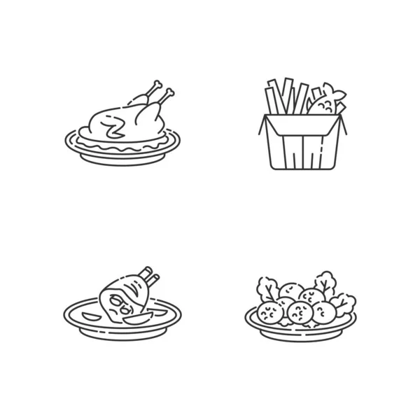 National Cookery Pixel Perfect Linear Icons Set Fast Food Peking — Stock Vector