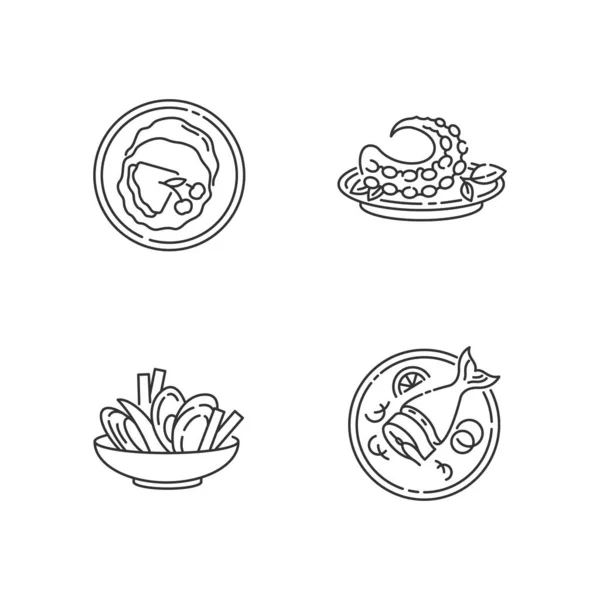 国菜像素完美线形图标设置 法国阴毛 薄薄的煎饼 熏鲱鱼 可定制的细线轮廓符号 孤立的矢量轮廓图解 可编辑笔划 — 图库矢量图片