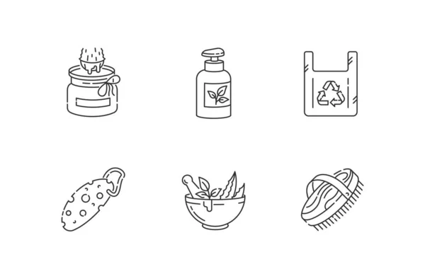 环保产品线形图标设置 零浪费自定义细线轮廓符号 有机化妆品 可重复使用的袋子和生态必需品隔离病媒轮廓图解 可编辑笔划 — 图库矢量图片