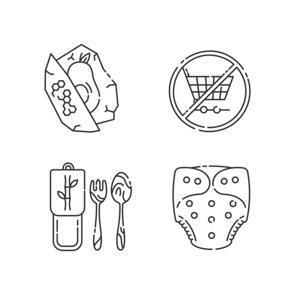反消费主义生活方式线性图标设定 蜂蜡食品包装 竹制餐具和布料尿布定制细线轮廓符号 孤立的矢量轮廓图解 可编辑笔划 — 图库矢量图片