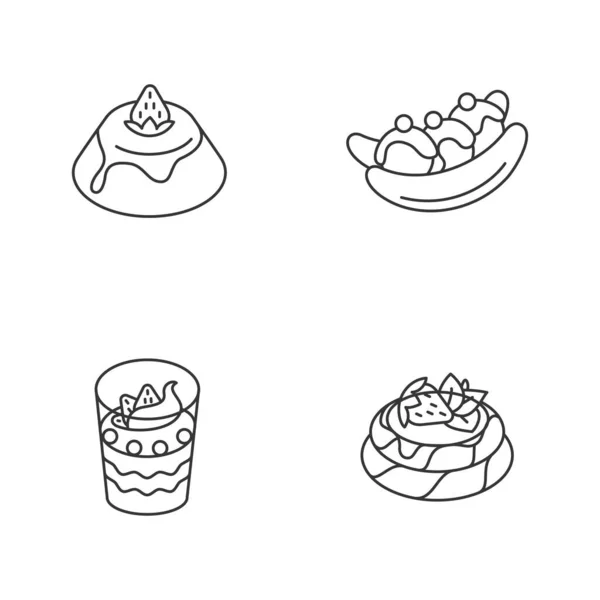 Conjunto Iconos Lineales Dulces Populares Panna Cotta Italiana Banana Australiana — Vector de stock