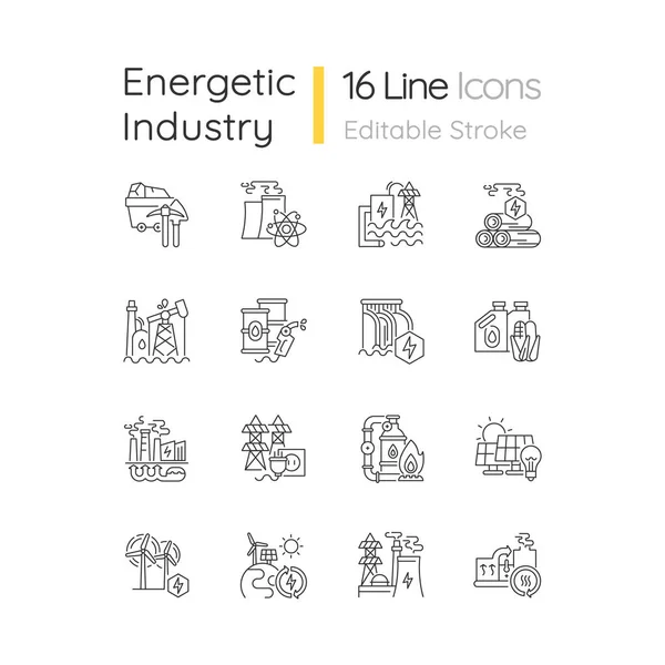 Conjunto Iconos Lineales Industria Energética Tecnologías Fabricación Electricidad Instalaciones Modernas — Archivo Imágenes Vectoriales