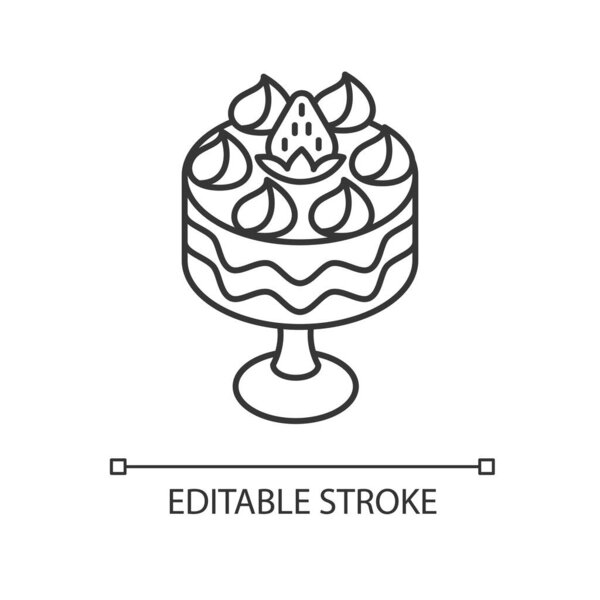 Trifle linear icon. Fruit dessert with whipped cream. English cuisine. European sweets. Thin line customizable illustration. Contour symbol. Vector isolated outline drawing. Editable stroke
