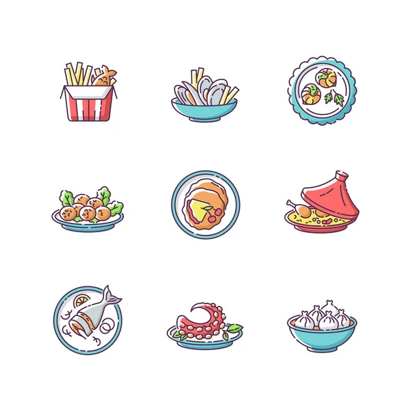 Restaurante Platos Rgb Iconos Color Conjunto Pescado Con Patatas Moules — Archivo Imágenes Vectoriales