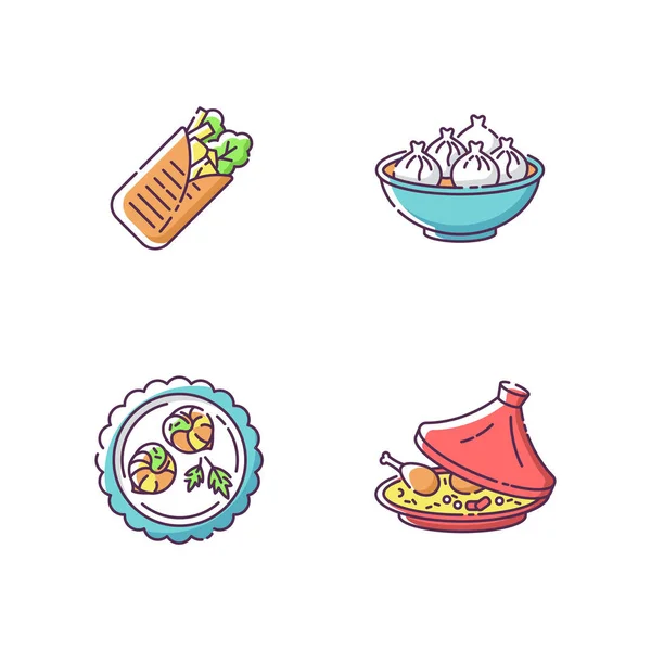 Juego Iconos Color Rgb Plato Tradicional Shawarma Cocina Oriental Khinkali — Vector de stock