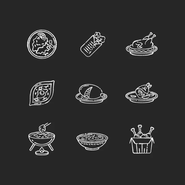 Café Repas Craie Icônes Blanches Sur Fond Noir Shawarma Enveloppé — Image vectorielle