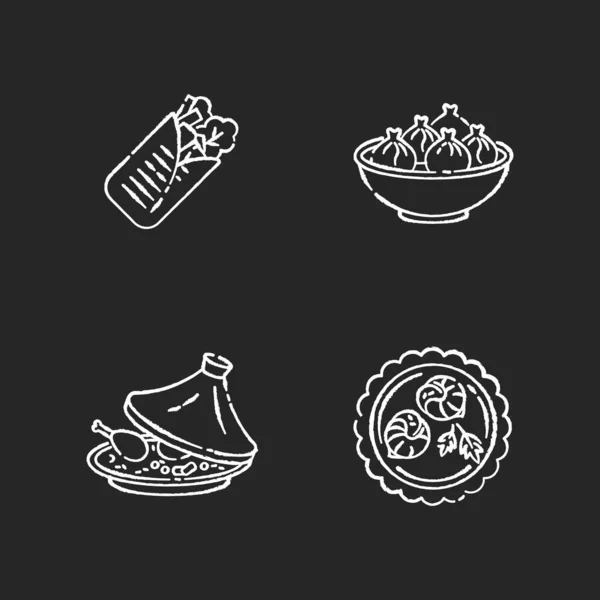 Plato Tradicional Tiza Iconos Blancos Establecidos Sobre Fondo Negro Shawarma — Vector de stock