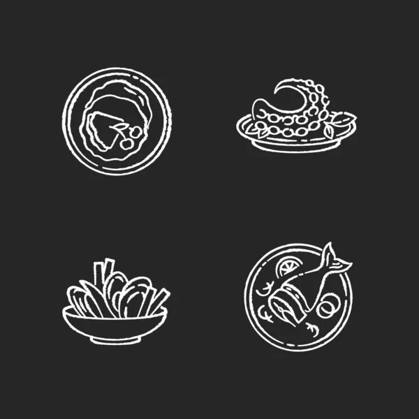国菜粉笔白色图标设置在黑色背景 法国阴毛 薄薄的煎饼 熏鲱鱼 贻贝和薯片八达通菜餐厅用餐 孤立的病媒黑板插图 — 图库矢量图片