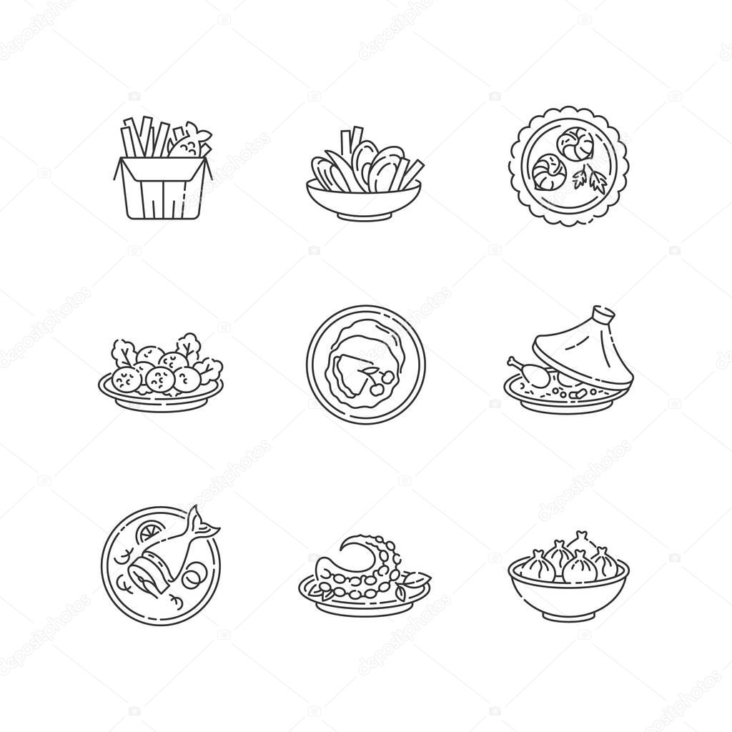 Restaurant dishes pixel perfect linear icons set. Fish and chips. Moules frites. Falafel dish. Customizable thin line contour symbols. Isolated vector outline illustrations. Editable stroke