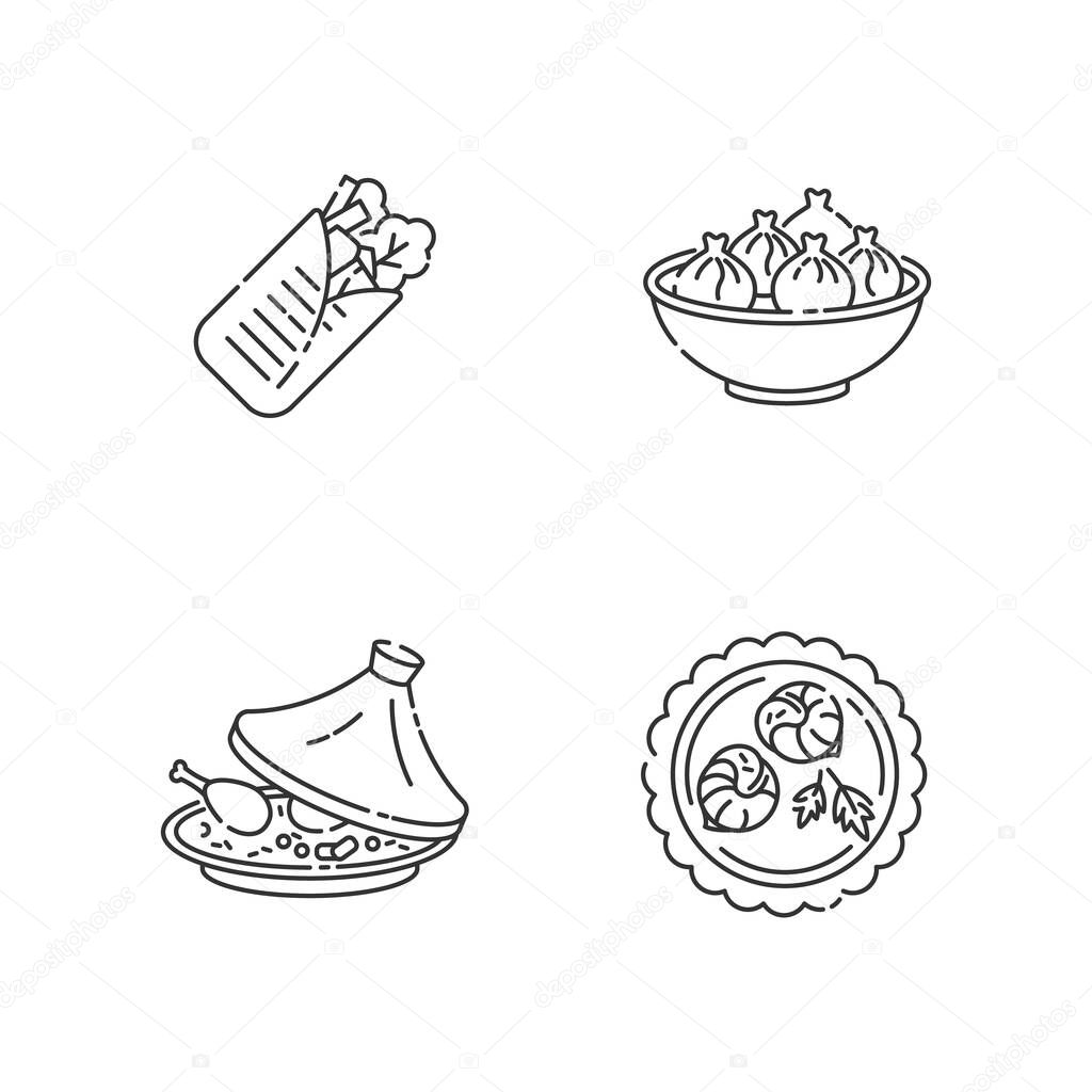 Traditional dish pixel perfect linear icons set. Shawarma from eastern cuisine. Oriental khinkali. Customizable thin line contour symbols. Isolated vector outline illustrations. Editable stroke