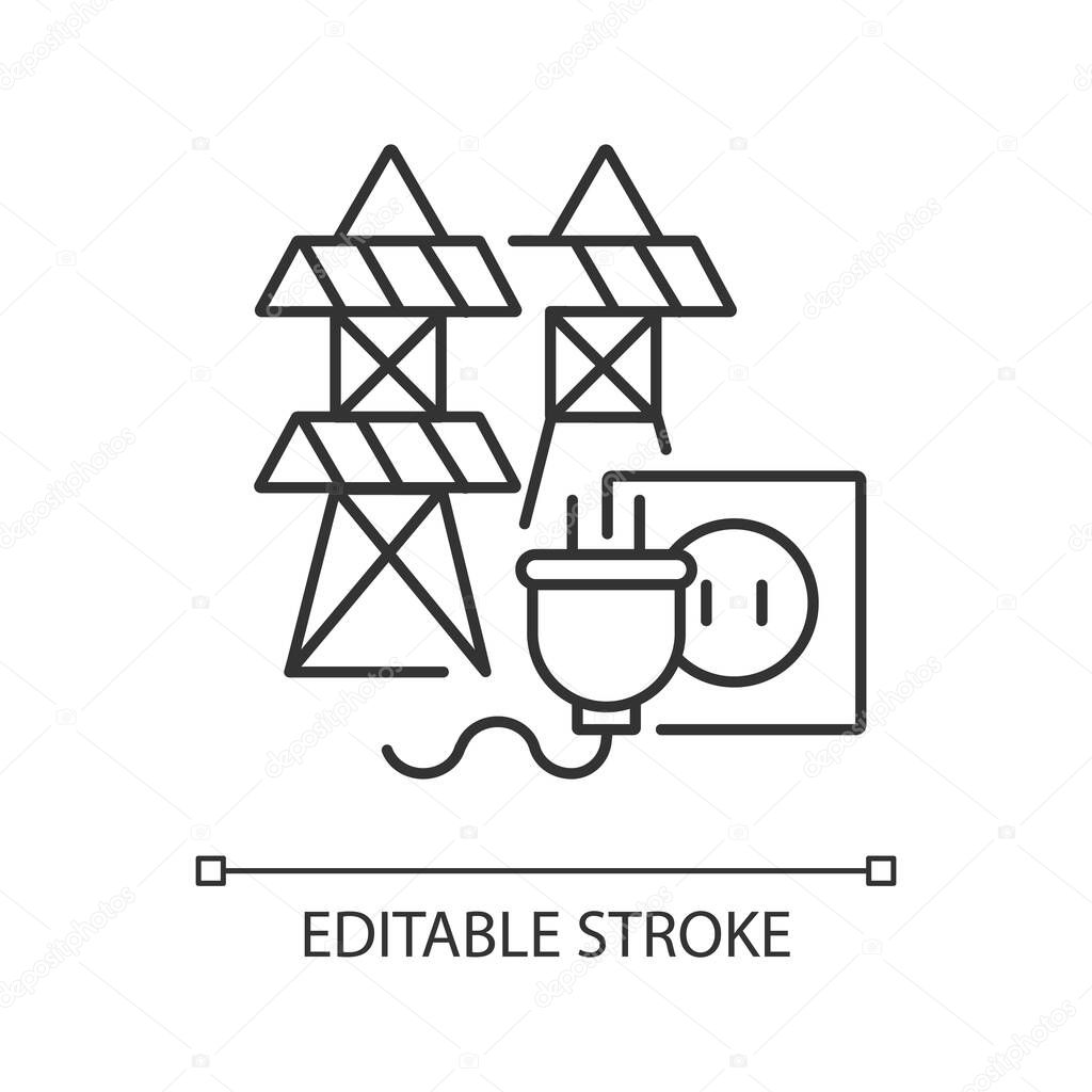 Electric power station linear icon. Energy industry manufacturing thin line customizable illustration. Contour symbol. Electricity generation. Vector isolated outline drawing. Editable stroke