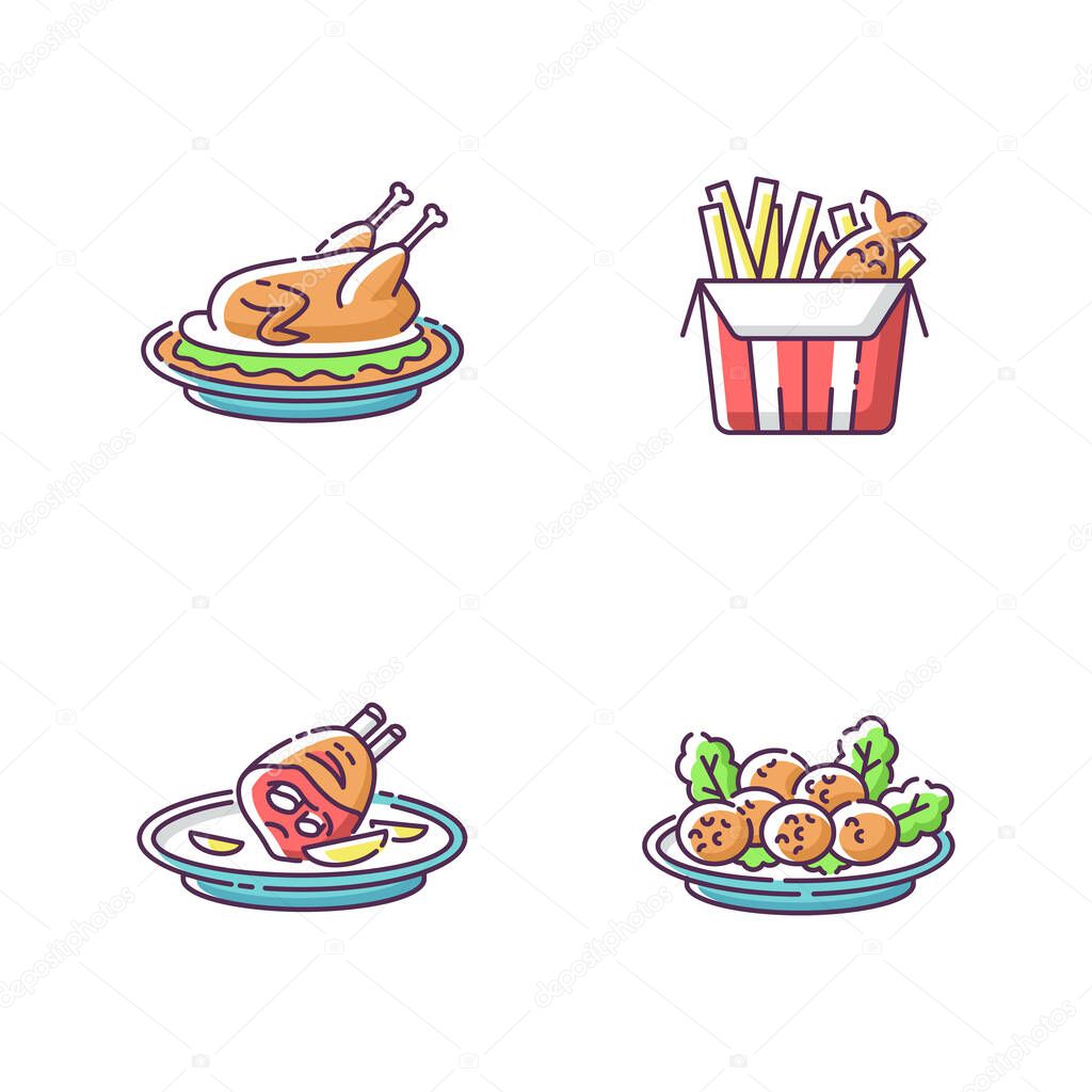 National cookery RGB color icons set. Fast food. Peking duck. British fish and chips. German roasted pork knuckle. Falafel dish. Recipe and ingredient for meal. Isolated vector illustrations