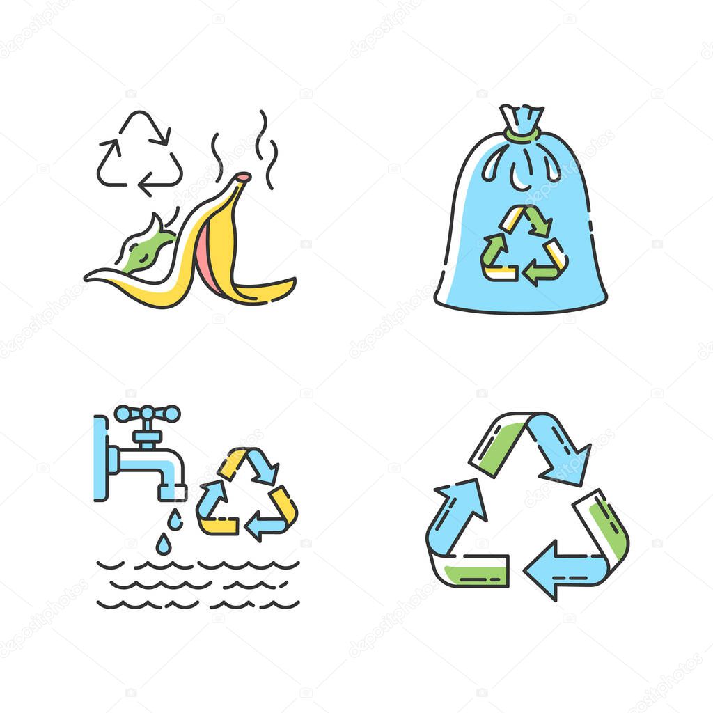 Zero waste tips RGB color icons set. Food waste recycling, compostable trash bag and water use reduction. Sustainable lifestyle rules. Isolated vector illustrations