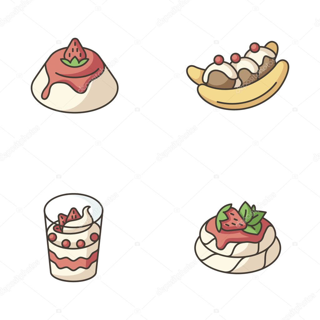 Popular sweets RGB color icons set. Italian Panna Cotta. Australian Banana split. French frozen dessert. European cuisine. Traditional world sweets. Isolated vector illustrations