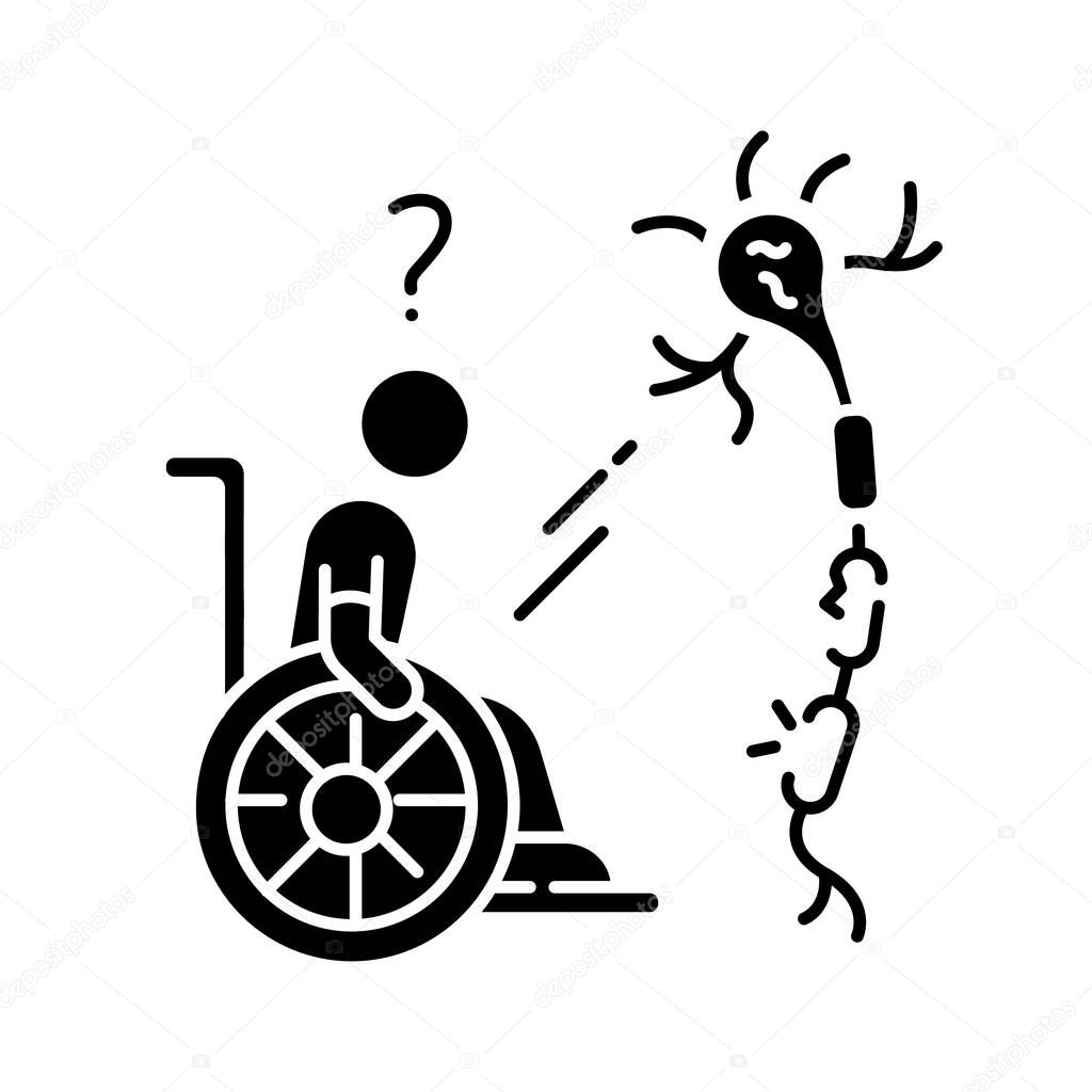 Multiple sclerosis black glyph icon. Handicapped man in wheelchair. Neurology problem. Trauma treatment. Patient with spine injury. Silhouette symbol on white space. Vector isolated illustration