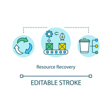 Kaynak kurtarma konsepti simgesi. Sorumlu üretim atığı yeniden kullanıyor. Çöpü geri dönüştür. Çöp öğütme fikri ince çizgi çizimi. Vektör izole edilmiş RGB renk çizimi. Düzenlenebilir vuruş