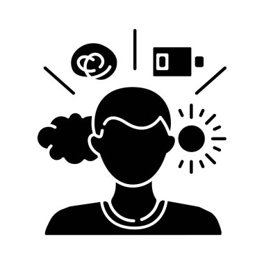 Zihinsel sağlık durumları, siyah kabartma simgesi. Psikolojik bozukluk. Hasta için psikoterapi. Duyguların ifadesi değişir. Ruh hali değişiklikleri. Beyaz uzayda siluet sembolü. Vektör izole illüstrasyonu