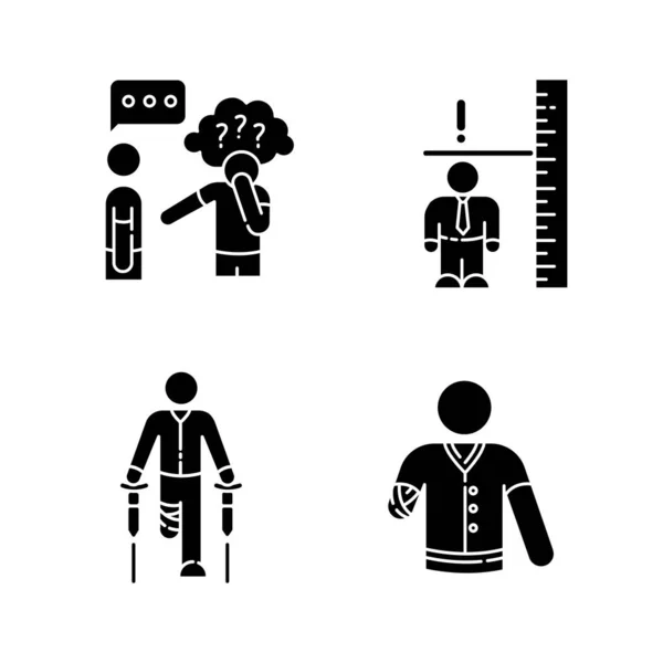 医疗状况黑色石像图标设置在白色空间 阿斯伯格综合症 社交互动很困难 患有侏儒症的成年人 腿截肢者 轮廓符号 矢量孤立的说明 — 图库矢量图片