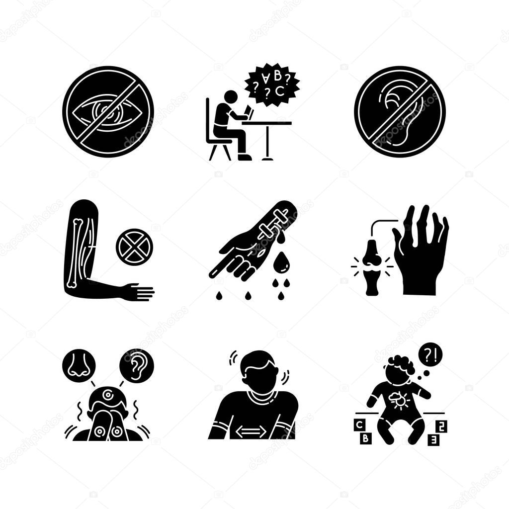 Illness types black glyph icons set on white space. Deafness and blindness. Student with dyslexia. Muscular dystrophy. Bleeding from hemophilia. Silhouette symbols. Vector isolated illustration