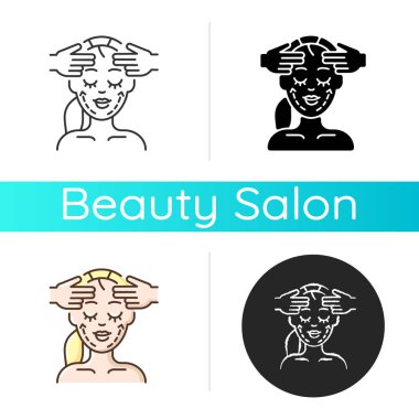 Yüz fitness ikonu. Yüz ve çene egzersizleri. Yüz yogası. Profesyonel cilt bakımı. Yaşlanma önleyici yüz egzersizleri. Lineer siyah ve RGB renk stilleri. İzole vektör çizimleri